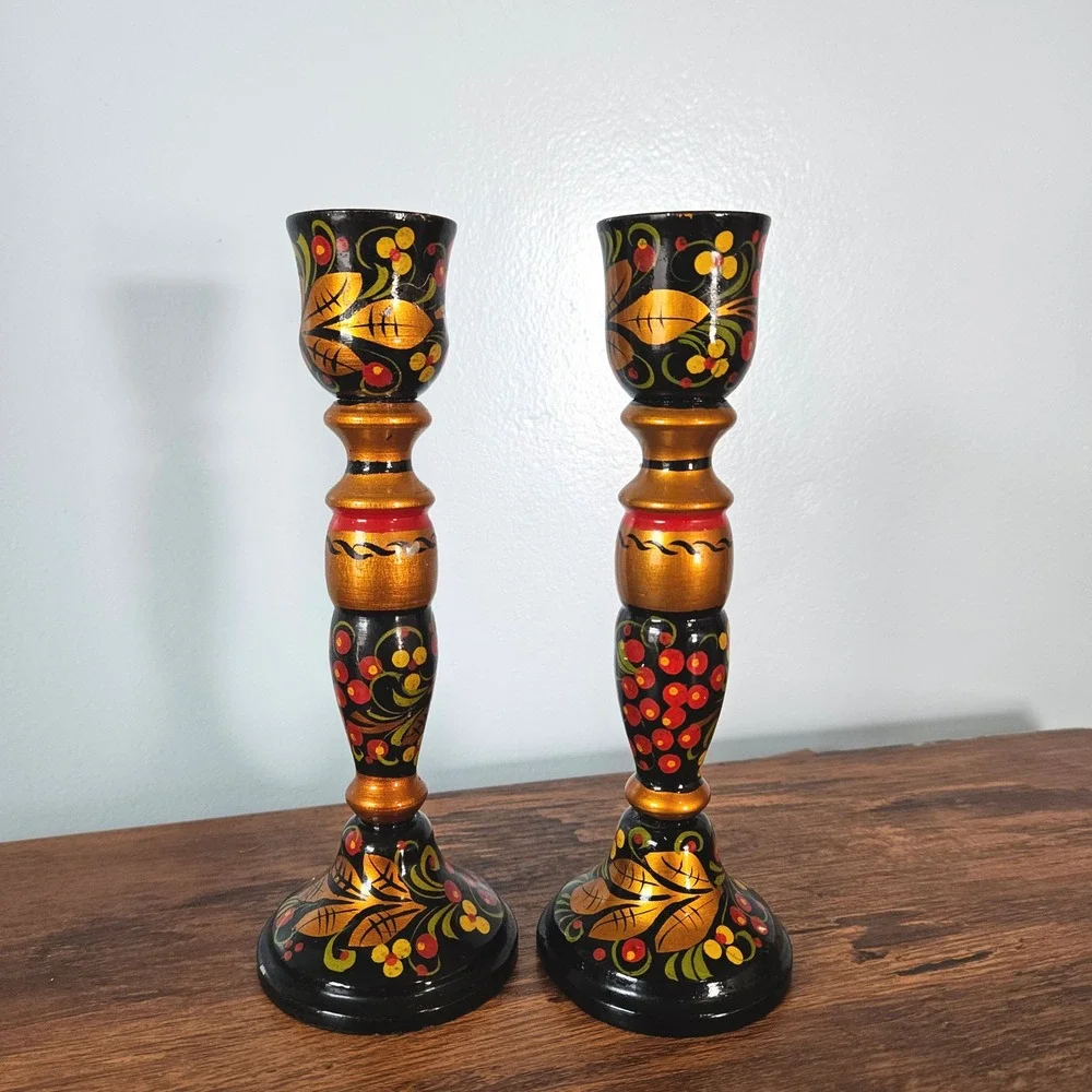 Vtg Russian Khokhloma Hand Painted Wood Candle Holders Sticks Set 2 Black Gold